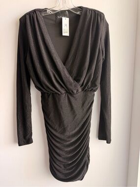 Long-Sleeve Ruched V-Neck Dress